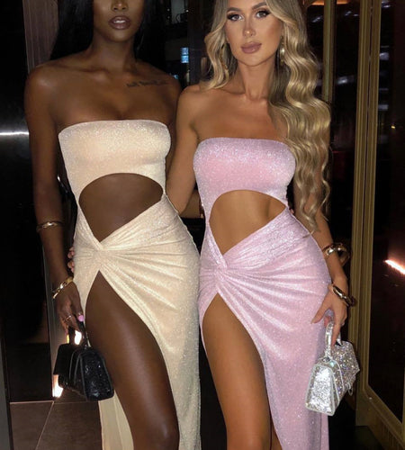 Mozision Sexy Strapless High Split Maxi Dress